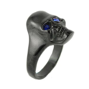 Heavy Metal Men&#39;s Biker Jewelry Stainless Steel Black Skull Blue Eyes Ring USA SELLER!