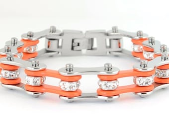 Metal pesado patentado mujeres mujer motocicleta Biker joyería acero inoxidable cristal naranja bicicleta cadena pulsera