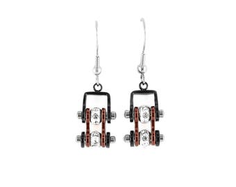 MINI Two Tone Black Candy Red With Crystal Centers Bike Chain Earrings Stainless Steel Motorcycle Biker Jewelry