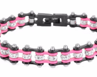Heavy Metal Women's Biker Jewelry Stainless Steel Black Pink Mini Mini Bike Chain Bracelet USA Seller!