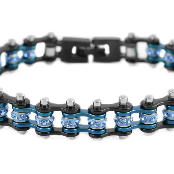 Biker Jewelry 1/2 inch Wide MINI MINI SIZE Two Tone Black Blue With Blue Crystal Centers Stainless Steel Motorcycle Bike Chain Bracelet