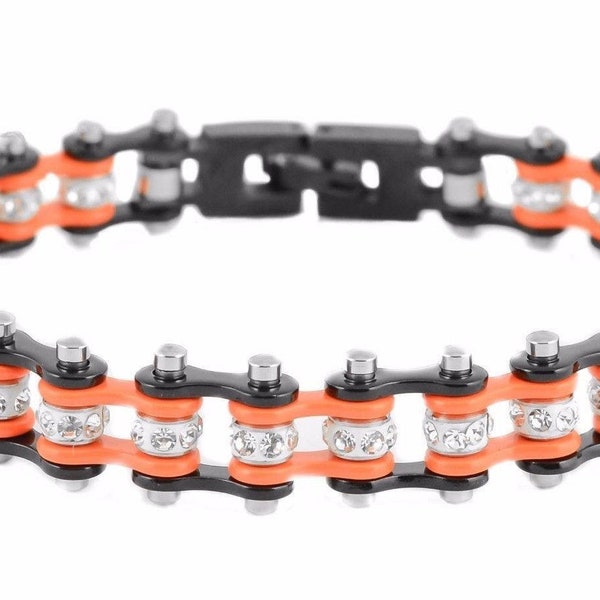Heavy Metal Women's Stainless Steel Black Orange Biker Jewelry Mini Mini Bike Chain Bracelet USA Seller!