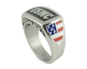 Ladies Or Men's USMC Ring Enameled American Flag  Stainless Steel Military Jewelry