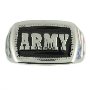 May include: A silver ring with a black enamel inlay that says "ARMY" in white lettering. The ring has red, white, and blue enamel accents on the sides.