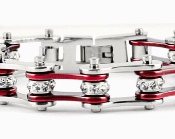 Heavy Metal Women's Ladies Stainless Steel Crystal Silver Red Bike Chain Bracelet USA Seller