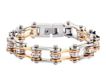 1/2 inch Wide Two Tone Silver Gold With White Crystal Centers Stainless Steel Motorcycle Bike Chain Bracelet
