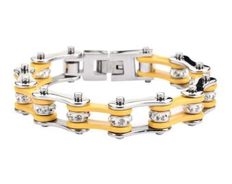 1/2 inch Wide Two Tone Silver Yellow With White Crystal Centers Stainless Steel Motorcycle Bike Chain Bracelet