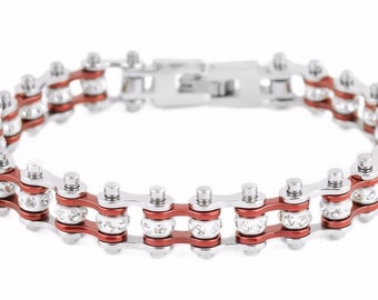 Heavy Metal Womens Stainless Steel Silver Candy Red Mini Mini Bike Chain Bracelet US Seller