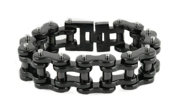 Biker Jewelry 1 inch Wide All Black Thick Men's Stainless Steel Motorcycle Chain Bracelet