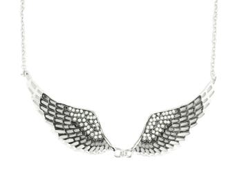 Black Painted Winged Necklace White Imitation Crystals