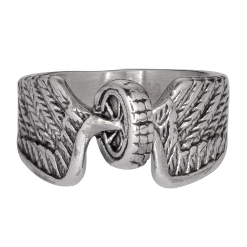 May include: A silver ring with a motorcycle wheel design and wings on either side.