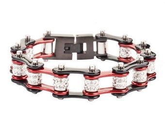 Heavy Metal Women's Stainless Steel Candy Red Double Bling Bike Chain Bracelet US Seller!