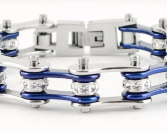 Heavy Metal Womens Ladies Stainless Steel Crystal Silver Blue Bike Chain Bracelet USA Seller