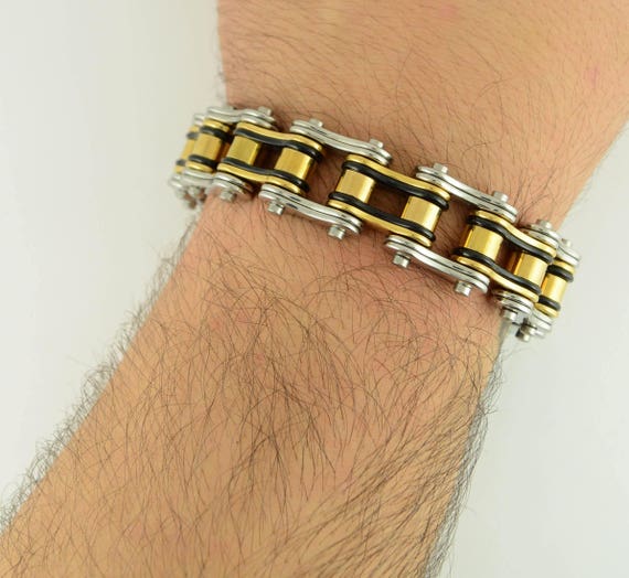 Tri-color Black Silver Gold 3/4 Inch Wide Double Link Design