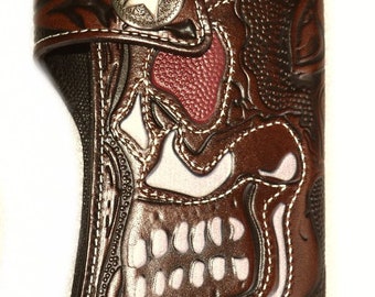 Leather Wallet Embossed Skull White Stitching "Highest Quality Italian Leather" - SK2843