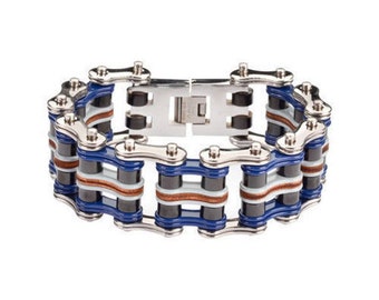 Heavy Metal Men's Stainless Steel Black Silver Blue Leather Bike Chain Bracelet USA Seller!