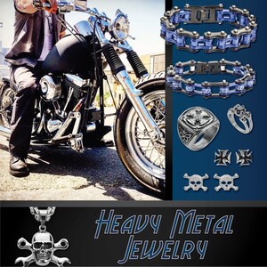 May include: A collection of heavy metal jewelry featuring a skull and crossbones pendant, a ring with a cross design, a pair of skull earrings, and two chain bracelets with blue accents. The jewelry is displayed against a background of a motorcycle and the text "Heavy Metal Jewelry".