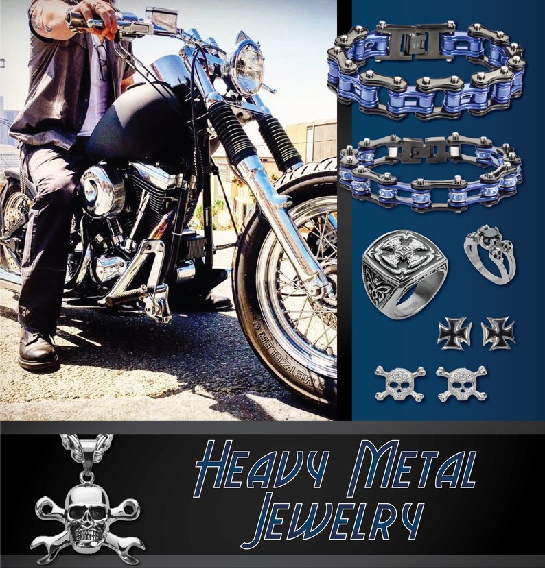 May include: A collection of heavy metal jewelry featuring a skull and crossbones pendant, a ring with a cross design, a pair of skull earrings, and two chain bracelets with blue accents. The jewelry is displayed against a background of a motorcycle and the text "Heavy Metal Jewelry".