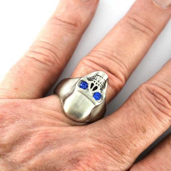 Heavy Metal BRUSHED FINISH Skull Ring Imitation Sapphire Eyes Stainless Steel