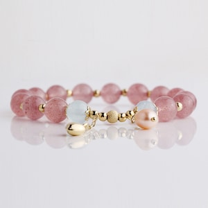 Strawberry Quartz & 14K Gold plated S925 Silver Bracelet, Luxury Crystal Bracelet, rose quartz bracelet, jade bracelet, healing bracelet
