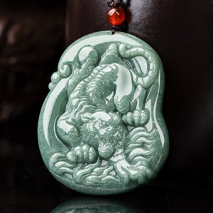 Green Tiger Jade, Jade pendant, Natural hand carve Ice Species Jade Zodiac Tiger Necklace, Jade Roaring God Power Zodiac Tiger Pendant
