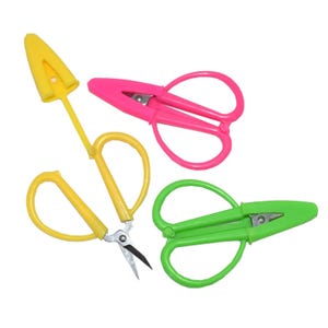 May include: Three pairs of colourful, small scissors with plastic handles. The scissors are yellow, pink and green.