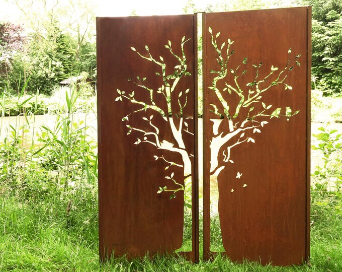 Steel Garden Wall - "Trypticon Tree" - Modern Outdoor Ornament