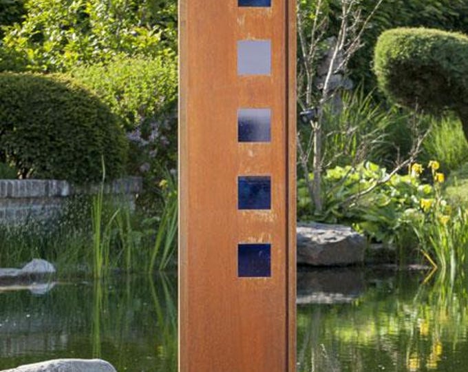 Steel Garden Wall - "with blue Square" - Modern Outdoor Ornament