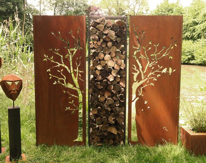 Steel Garden Wall - "Diptych Tree with Firewood Rack" - Outdoor Art