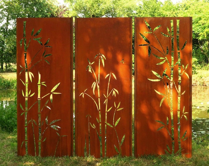 Steel Garden Wall - "Triptych Bamboo" - Modern Outdoor Ornament