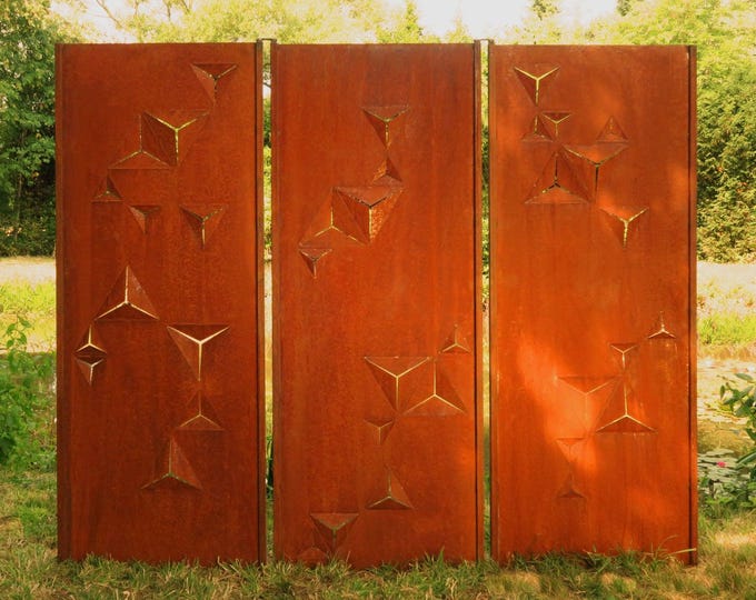 Steel Garden Wall - "Triptych Triangles" - Modern Outdoor