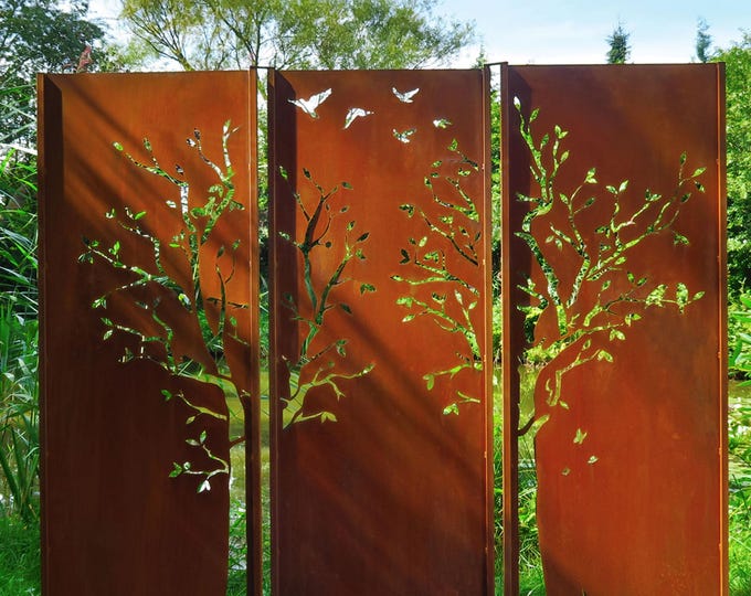 Steel Garden Wall - "Triptycon Tree" - Modern Outdoor Ornament