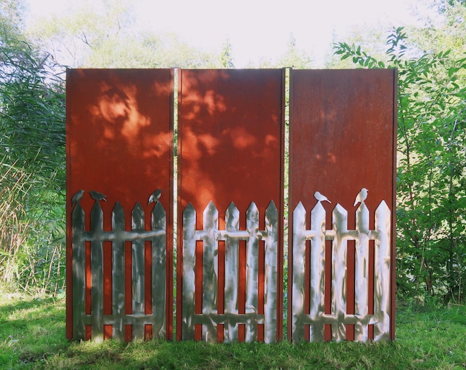 Steel Garden Wall - "Triptycon Stainless Steel Fence" - Modern Outdoor Ornament