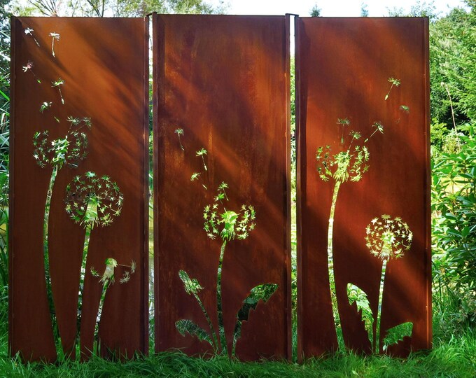 Steel Garden Wall - "Triptych Dandeleon" - Modern Outdoor Ornament