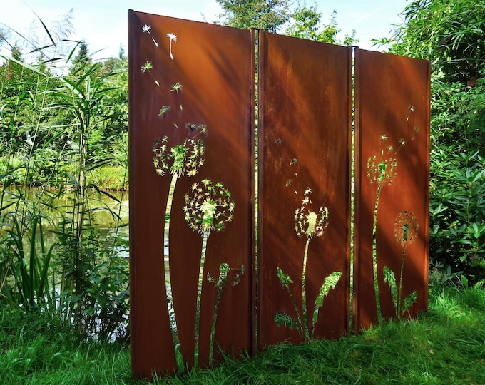 Steel Garden Wall - "Triptych Dandeleon" - Modern Outdoor