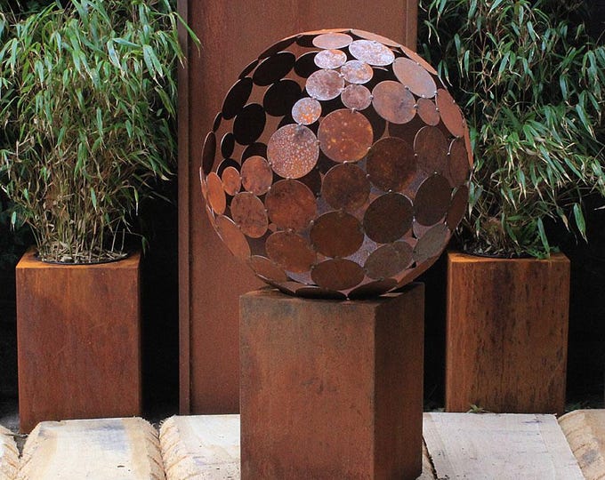 Fireplace - "Big Ball with low square Base" - Modern Outdoor Ornament