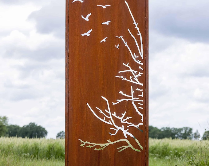 Steel Garden Wall - "Birds I" - Modern Outdoor Ornament - 75×195 cm