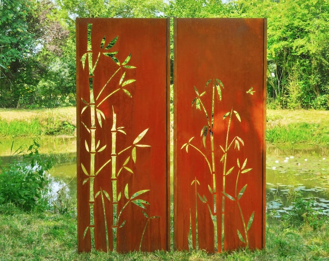 Steel Garden Wall - "Trypticon Bamboo" - Modern Outdoor Ornament