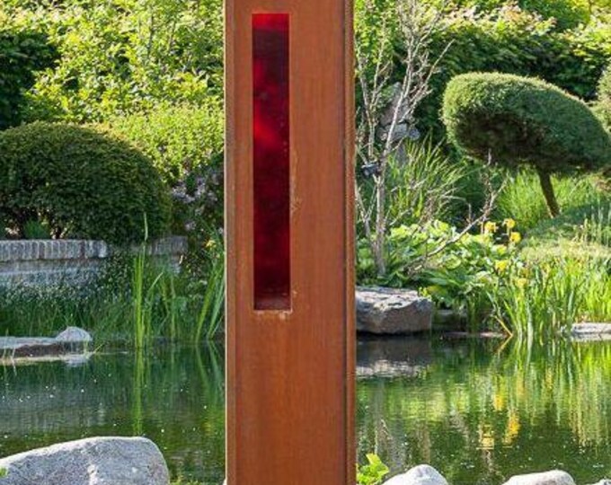Steel Garden Wall - "with red Rectangle glass" - Modern Outdoor Ornament