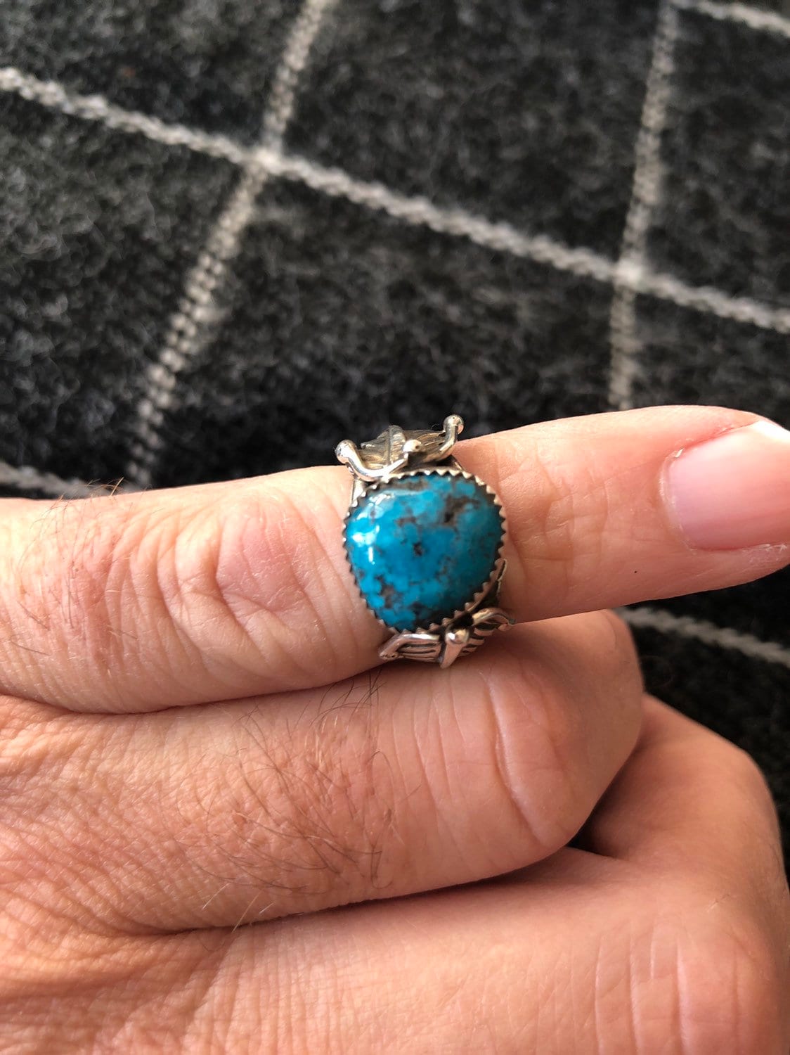 Size 8 Sterling Silver ring with high grade Kingman Turquoise hand crafted by Master Silversmith JRLucky.
