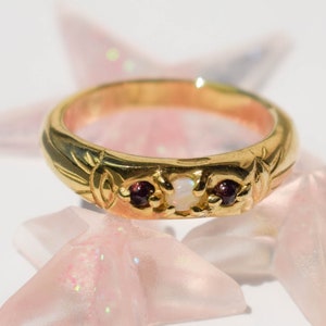 Opal and garnet thin band ring with evil eyes gold plated witch ring image 2
