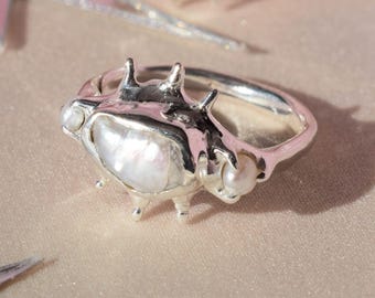 Raw irregular pearl and pink tourmaline ring in gold or silver tone