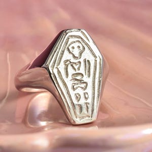 Sterling Silver Coffin Signet Ring, skeleton Jewelry