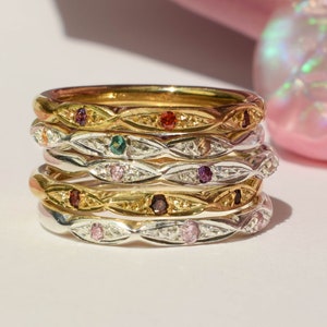 Dainty stacking rings in silver or gold tone with gemstones