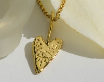 Heart and eye quirky necklace - gold heart necklace