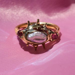 Raw irregular pearl and pink tourmaline ring in gold or silver tone