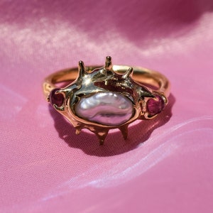 Raw irregular pearl and pink tourmaline ring in gold or silver tone image 1