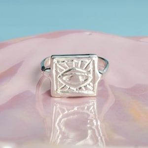 Evil eye square ring - vintage style silver ring