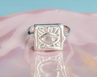 Evil eye square ring - vintage style silver ring