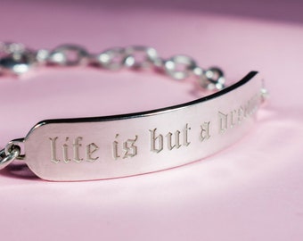 Custom tag bracelet with thick chain - Old English font personalized bracelet - laser engraved bracelet